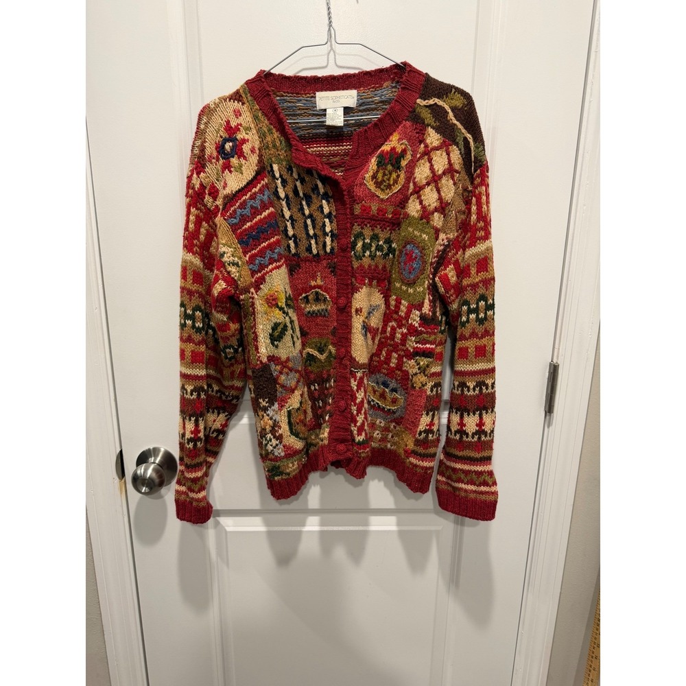 Petite Sophisticate Womens Cardigan Patchwork Mixed Knit Red M